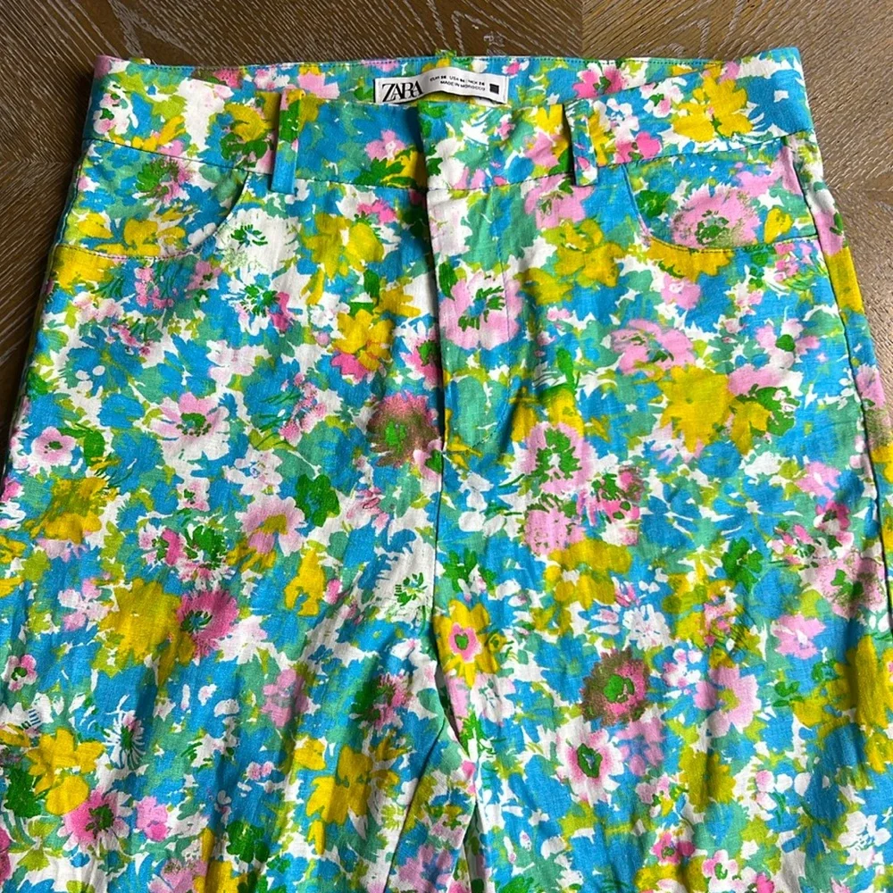 ZARA Blue Floral Linen Blend Mini Flare Cropped Trouser Pant 4